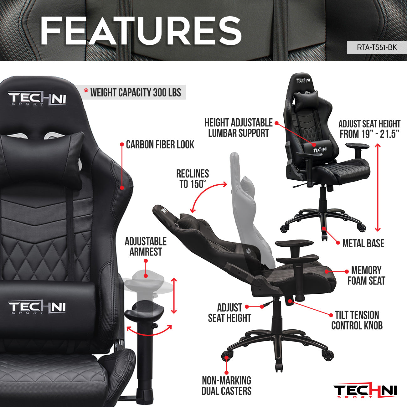 TS-5100 Ergonomic Gaming Chair- Black