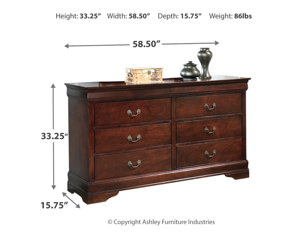 Reddish-brown dresser with four drawers, two doors, and metal pull handles