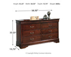 Reddish-brown dresser with four drawers, two doors, and metal pull handles
