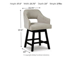 Beige upholstered swivel barstool with armrests, curved back, and black base legs