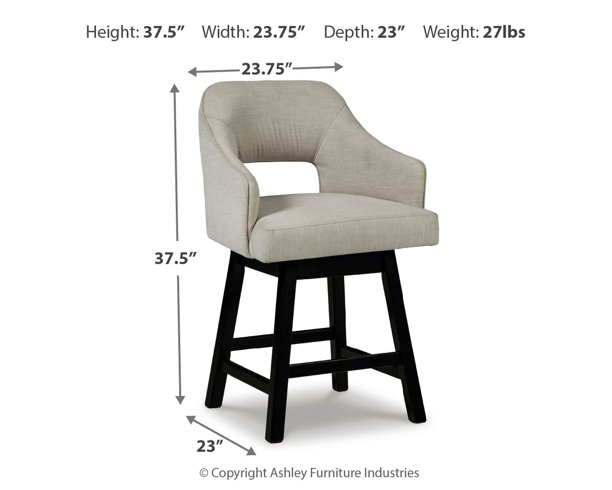 Beige upholstered swivel barstool with armrests, curved back, and black base legs