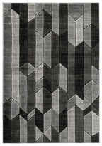 Dark gray and light gray geometric area rug with stacked cube and zigzag pattern