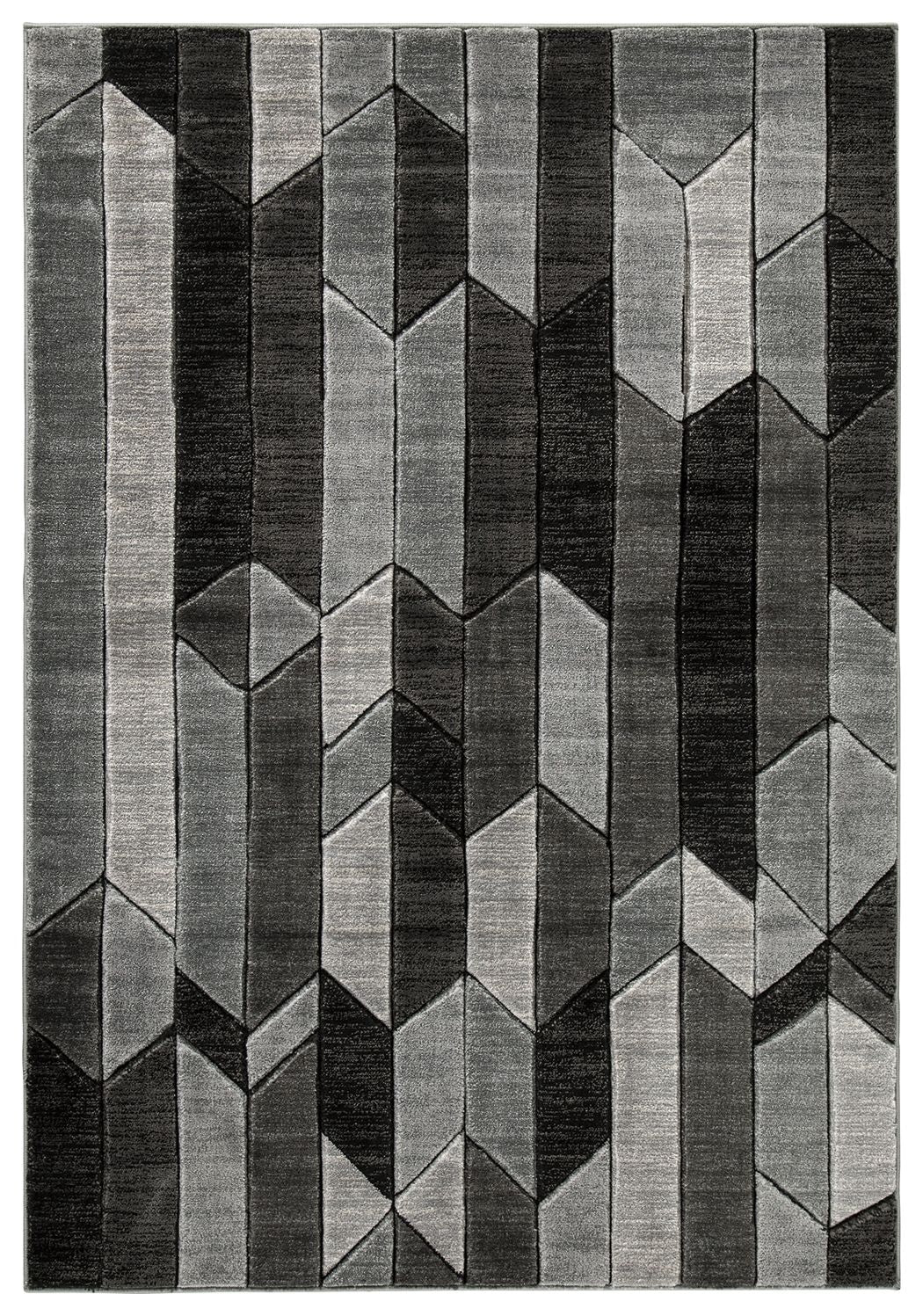 Dark gray and light gray geometric area rug with stacked cube and zigzag pattern