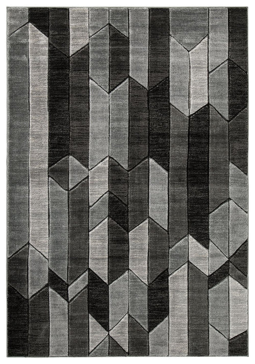 Dark gray and light gray geometric area rug with stacked cube and zigzag pattern