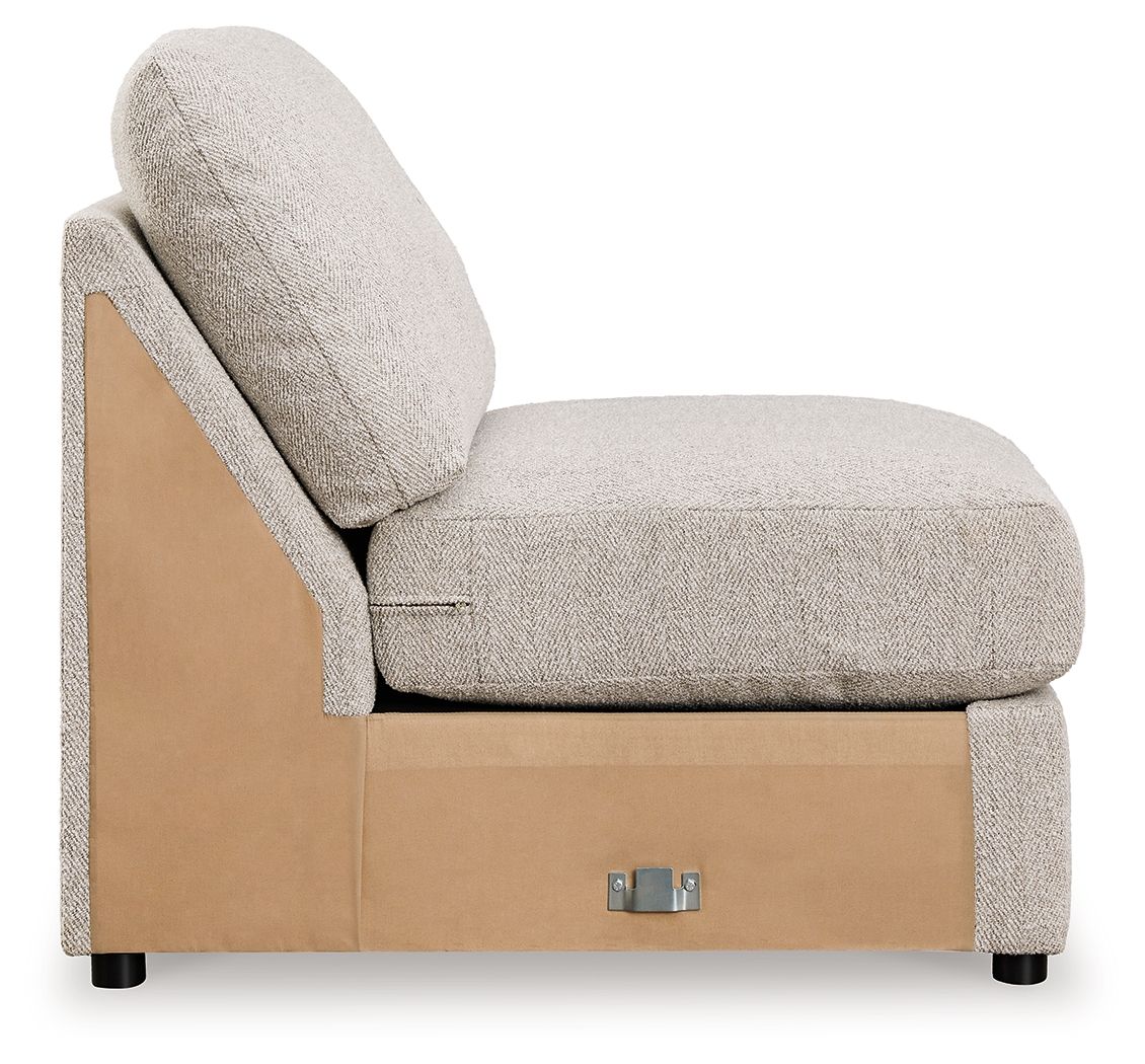 Sand armless chair with padded back, wood base panel, and black feet