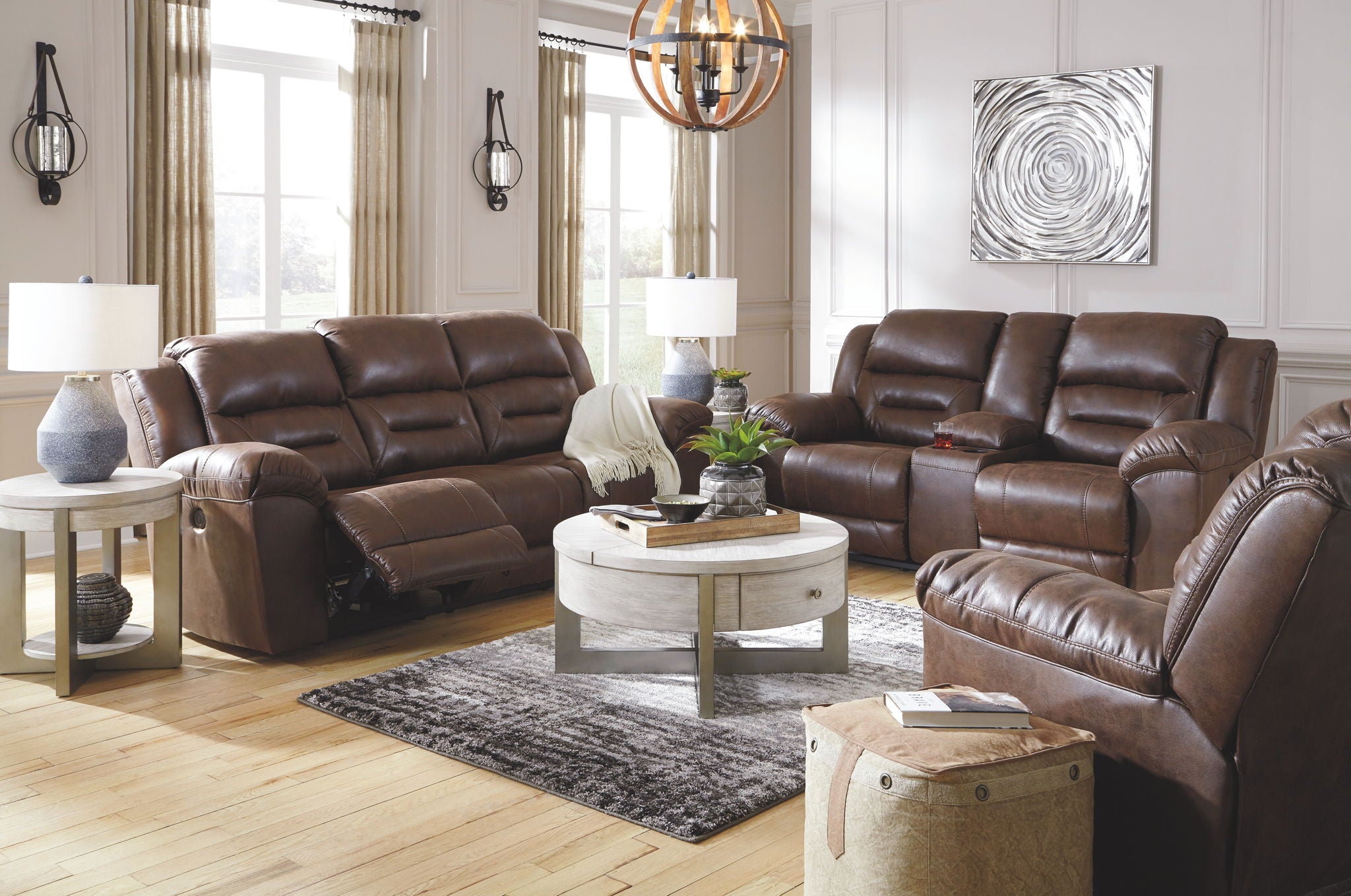 Reclining sofa and loveseat set with dark brown cushioned seats and armrest panels