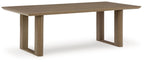 Dark brown outdoor dining table with wide rectangular top and sturdy wood legs