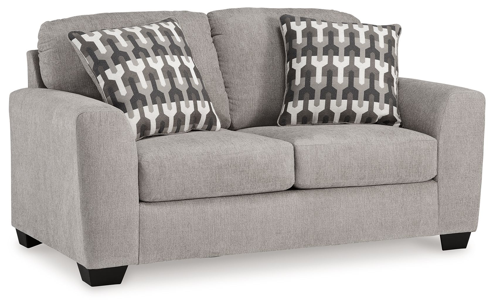 Gray flannel loveseat with two patterned throw pillows