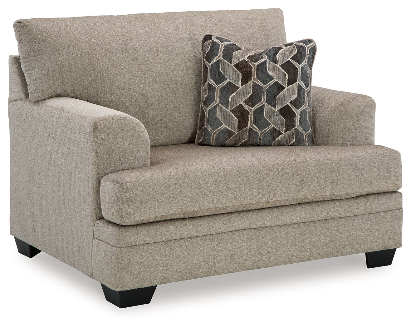 Beige chair-and-a-half armchair with geometric throw pillow and padded armrests