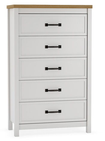 Five-drawer chest with white body, brown top, and five black bar handles