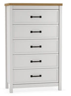 Five-drawer chest with white body, brown top, and five black bar handles