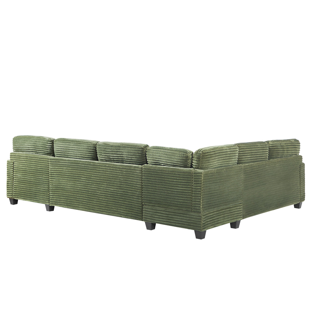 Green corduroy sectional sofa side profile with low back and legs