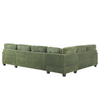Green corduroy sectional sofa side profile with low back and legs
