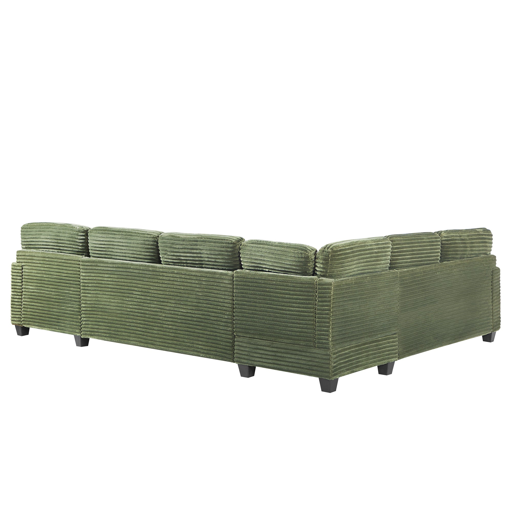 Green corduroy sectional sofa side profile with low back and legs
