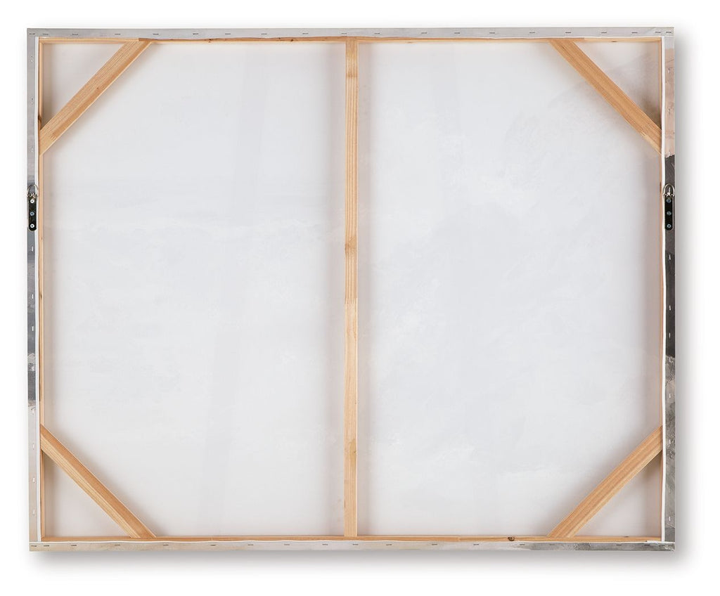 Framed wall art back with light wood stretcher bars and corner hardware