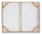 Framed wall art back with light wood stretcher bars and corner hardware