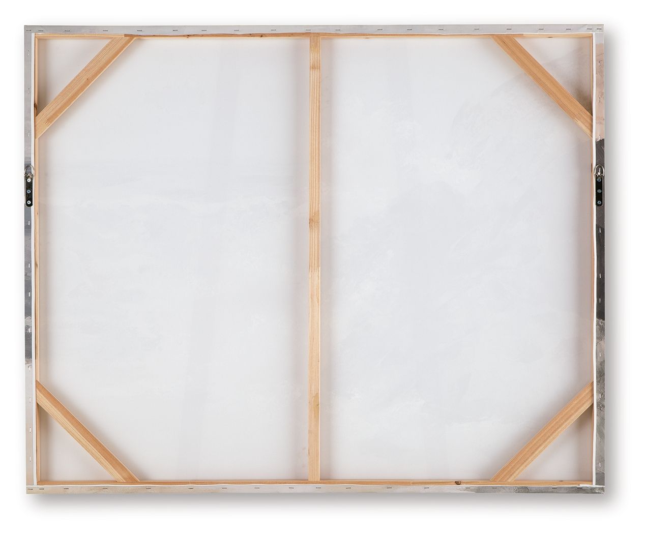 Framed wall art back with light wood stretcher bars and corner hardware