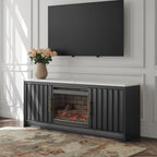 Black TV stand with glass fireplace insert, faux flames glowing behind the doors
