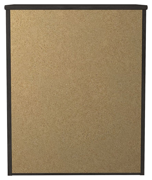 Rectangular night stand backboard with cork-like texture and dark wood frame