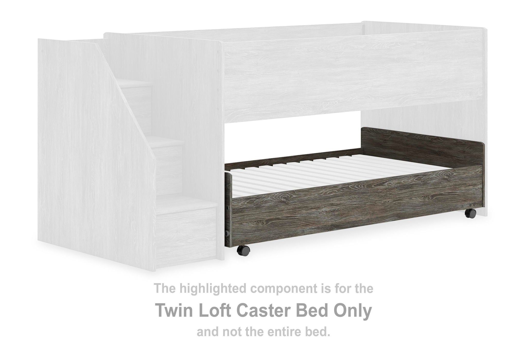 Gray twin loft caster bed with open side and caster wheels