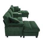 Green corduroy sectional corner with chaise and storage ottoman, side view