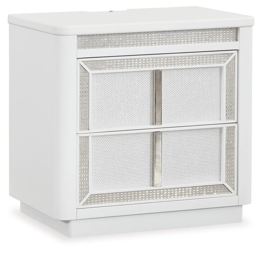 White two-drawer nightstand, mesh-pattern fronts, vertical bar handles.