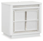 White two-drawer nightstand, mesh-pattern fronts, vertical bar handles.