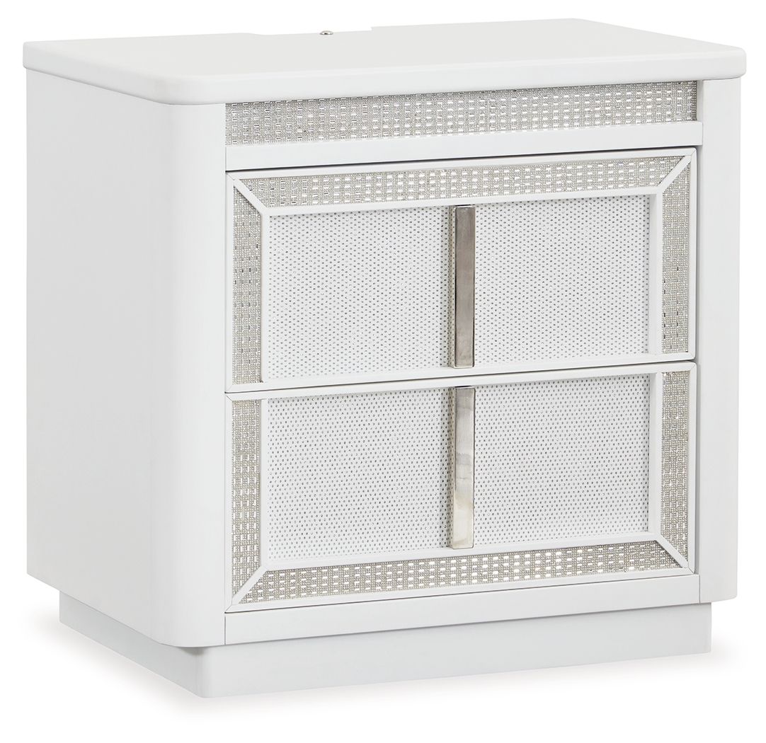 White two-drawer nightstand, mesh-pattern fronts, vertical bar handles.