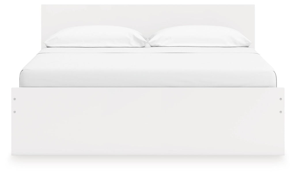 White panel platform bed with two pillows and solid side panels