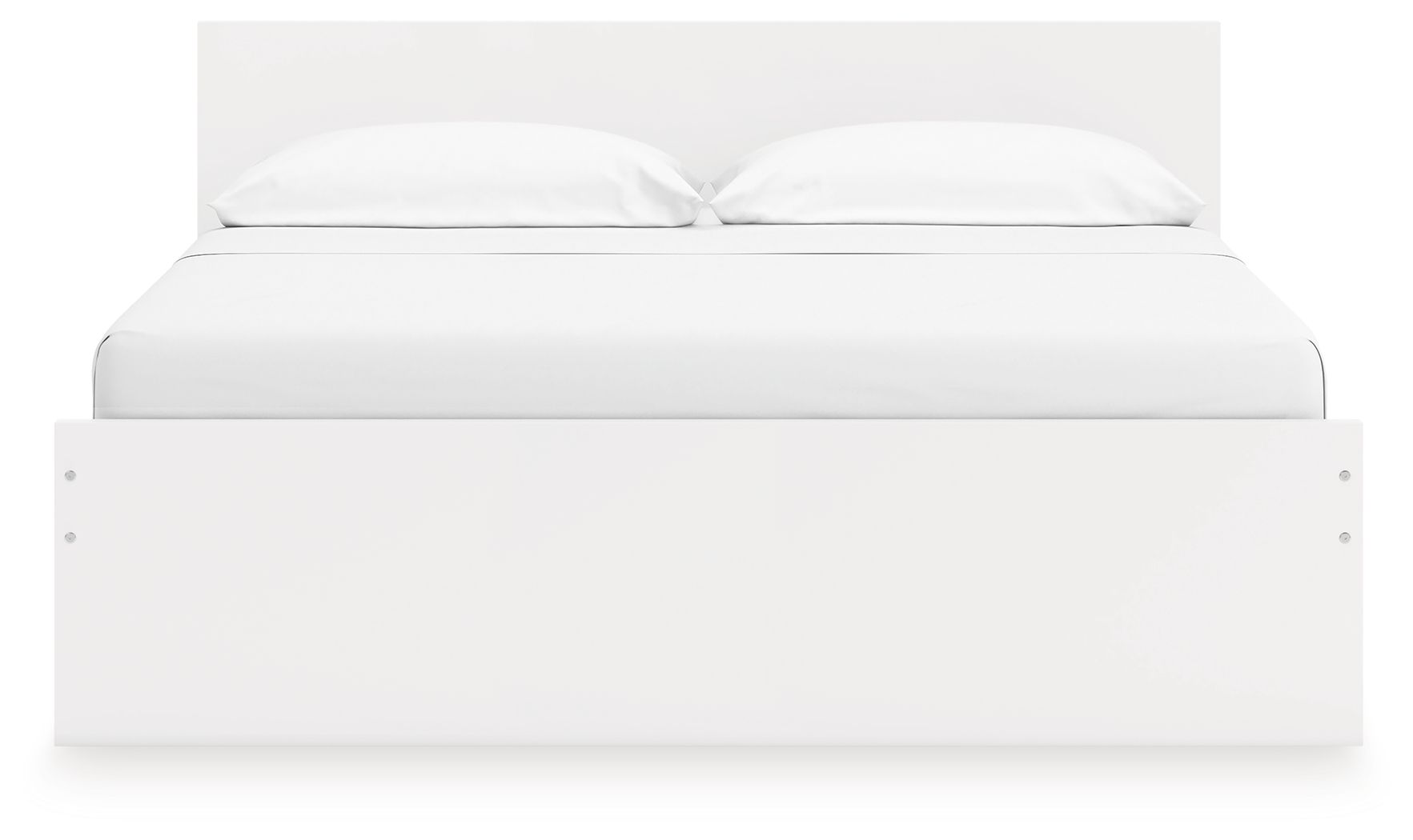 White panel platform bed with two pillows and solid side panels