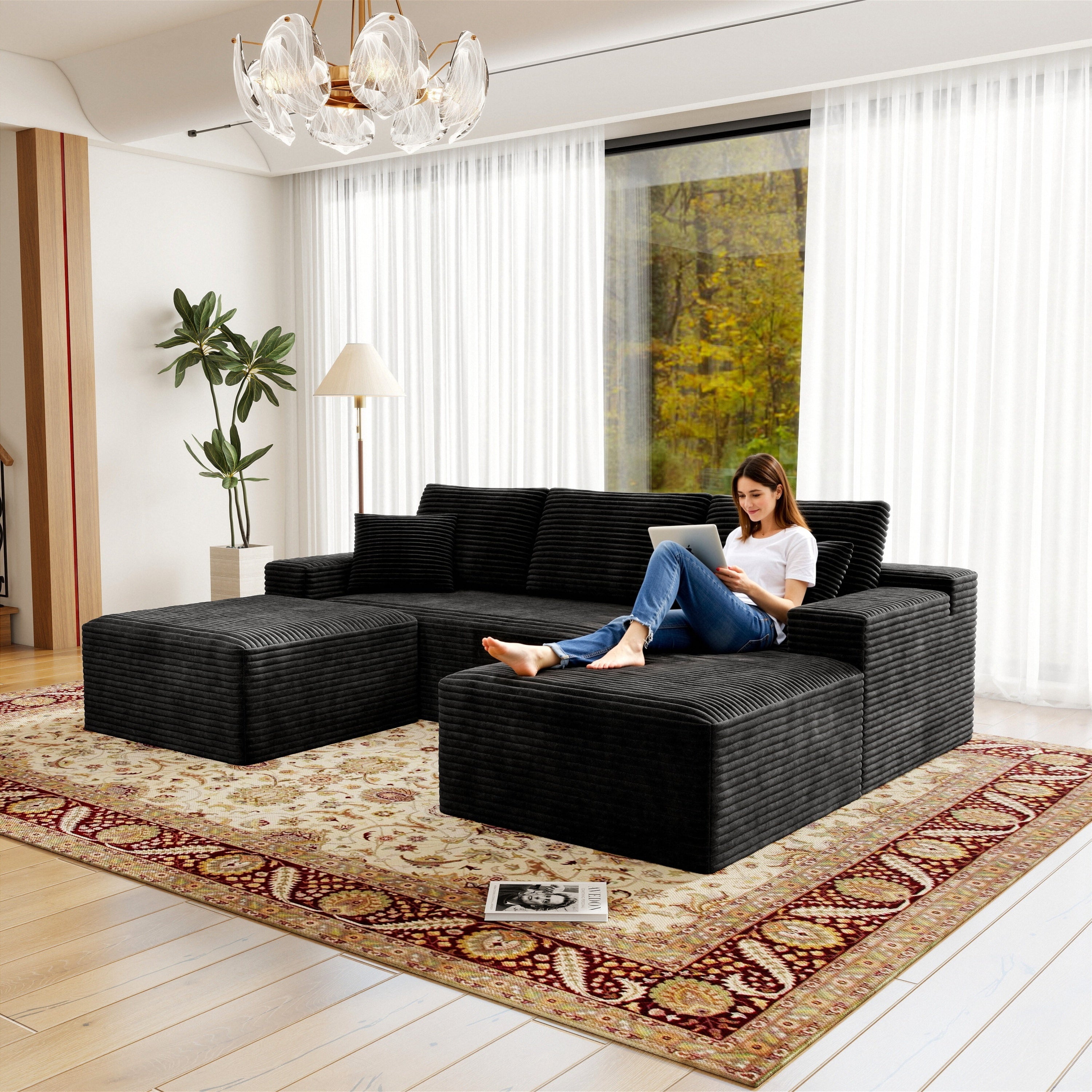 Black Modular Sectional Sofa - Upholstered Corduroy Couch