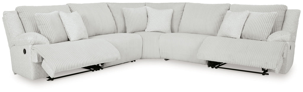 Light gray reclining sectional sofa with chaise and raised footrests