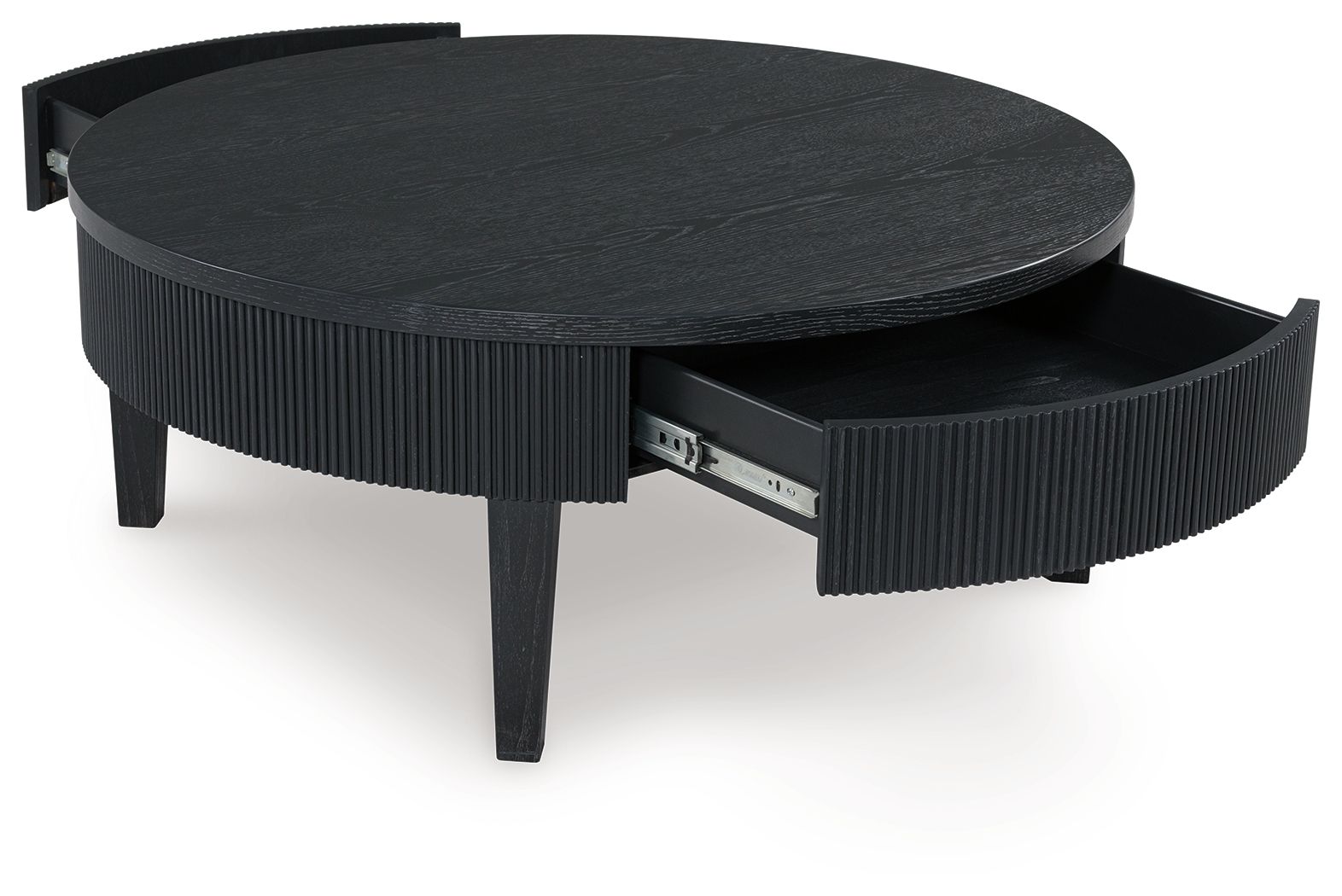 Black round cocktail table with lift-up top and visible storage compartment