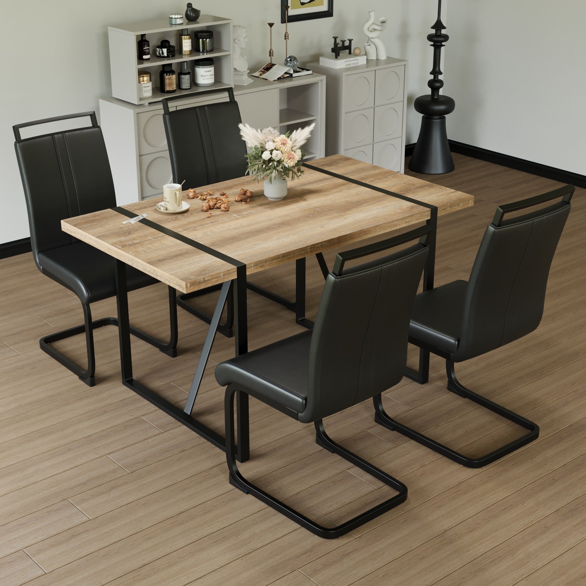 Modern Industrial Dining Table Set - 55" with 4 Chairs