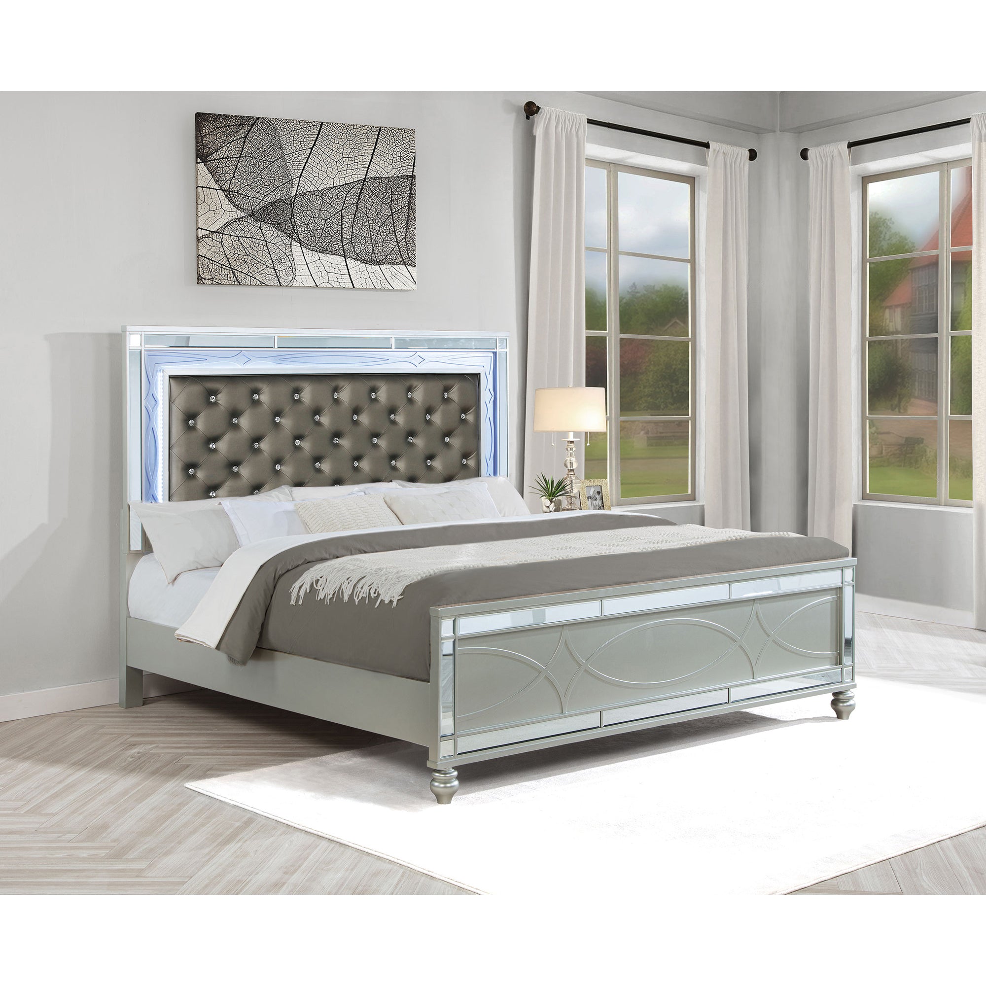 Luxury Karmen Metallic Upholstered Tufted Eastern King Panel Bed