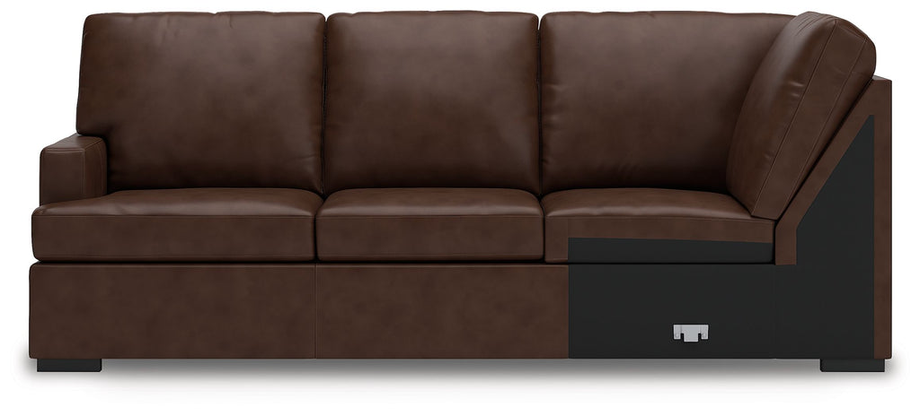 Coffee brown sofa with three seat cushions and curved back, left corner wedge