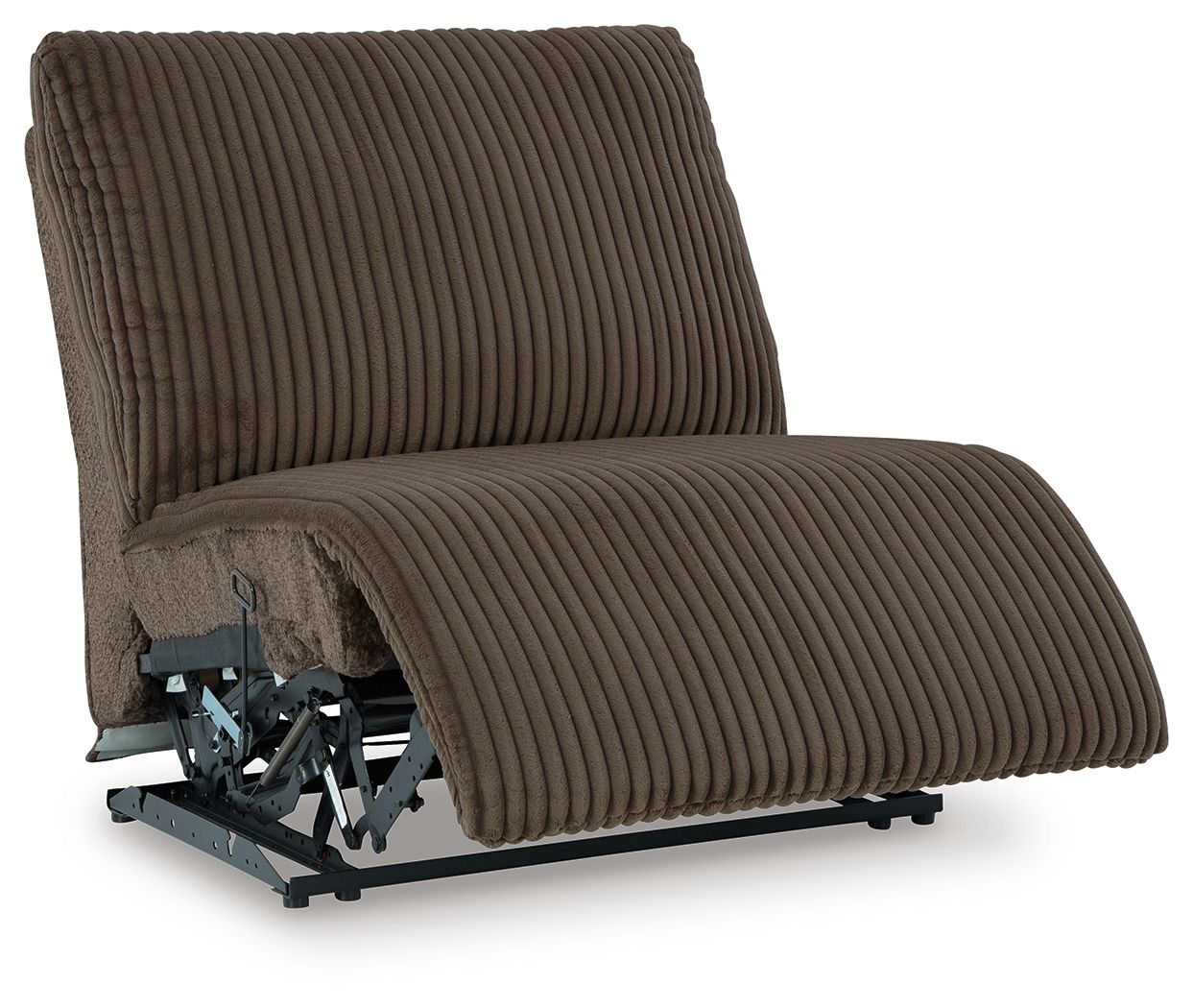 Chocolate armless recliner, reclined leg rest with ribbed upholstery and exposed mechanism.