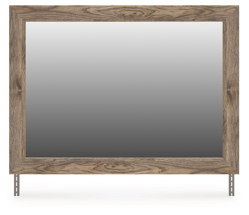 Brown wood bedroom mirror with flat frame and two metal support brackets at bottom