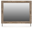 Brown wood bedroom mirror with flat frame and two metal support brackets at bottom