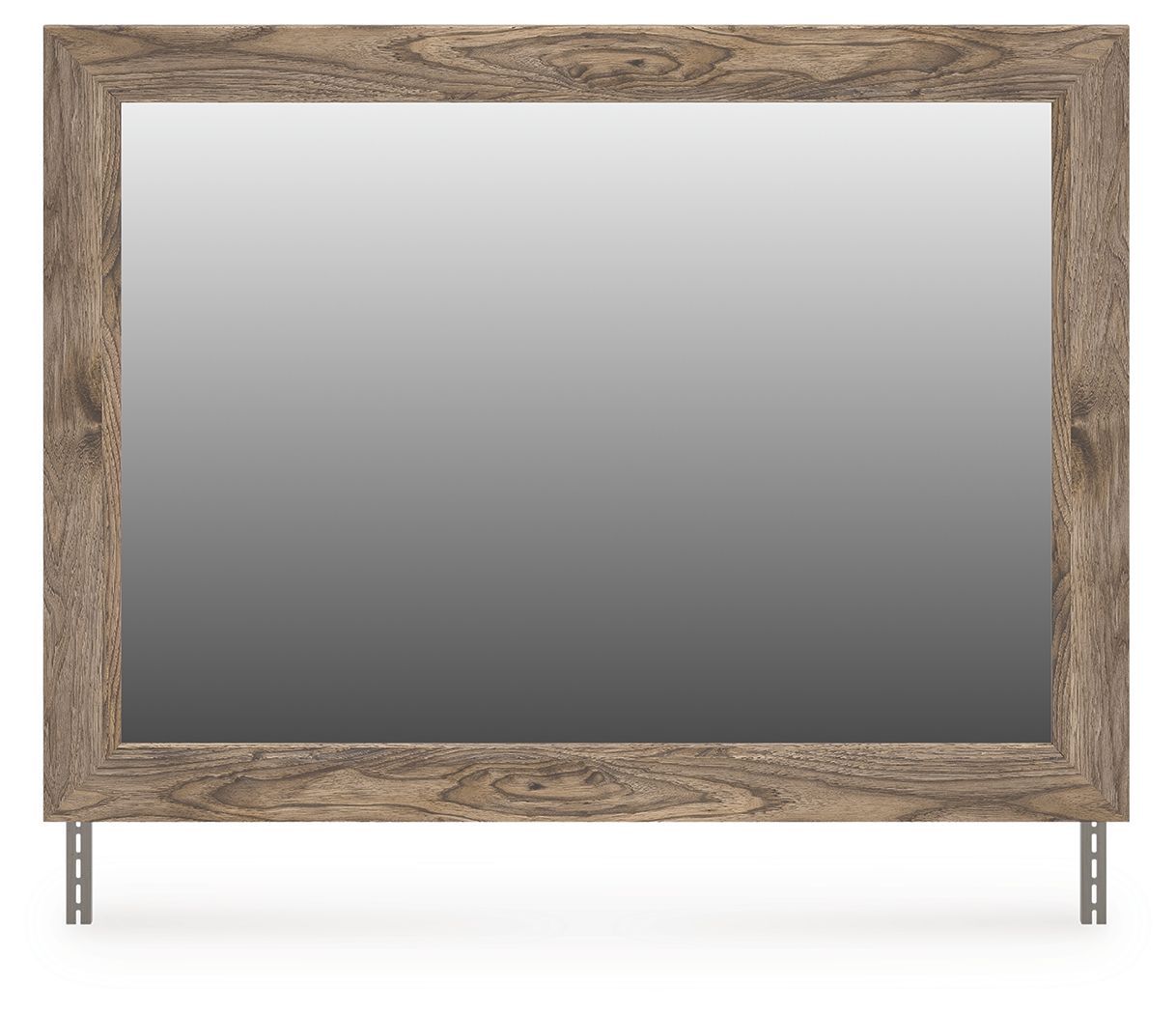 Brown wood bedroom mirror with flat frame and two metal support brackets at bottom