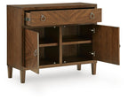 Medium brown accent cabinet with open shelves, drawer, and two door panels with knobs