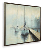 Framed sailboat wall art, blue and brown dock with moored sailboats
