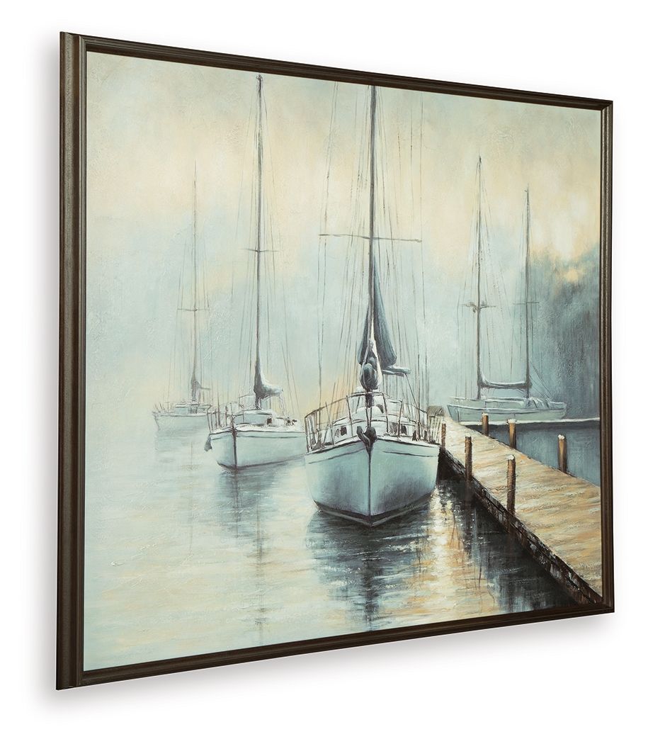 Framed sailboat wall art, blue and brown dock with moored sailboats
