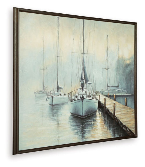 Framed sailboat wall art, blue and brown dock with moored sailboats