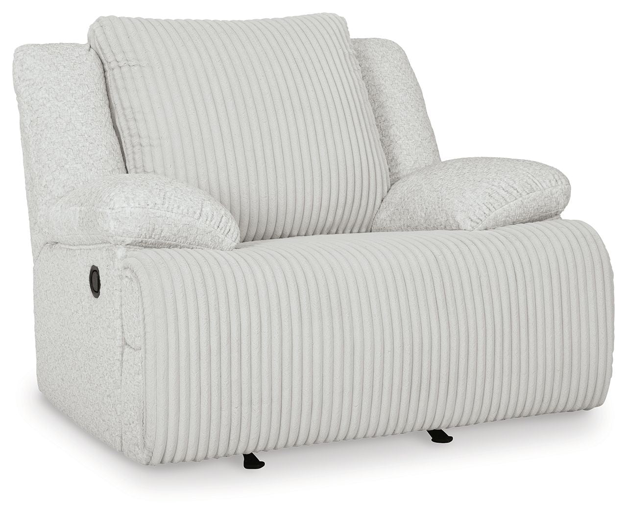 Light gray rocker recliner chair with ribbed fabric backrest and padded armrests