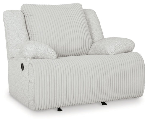 Light gray rocker recliner chair with ribbed fabric backrest and padded armrests