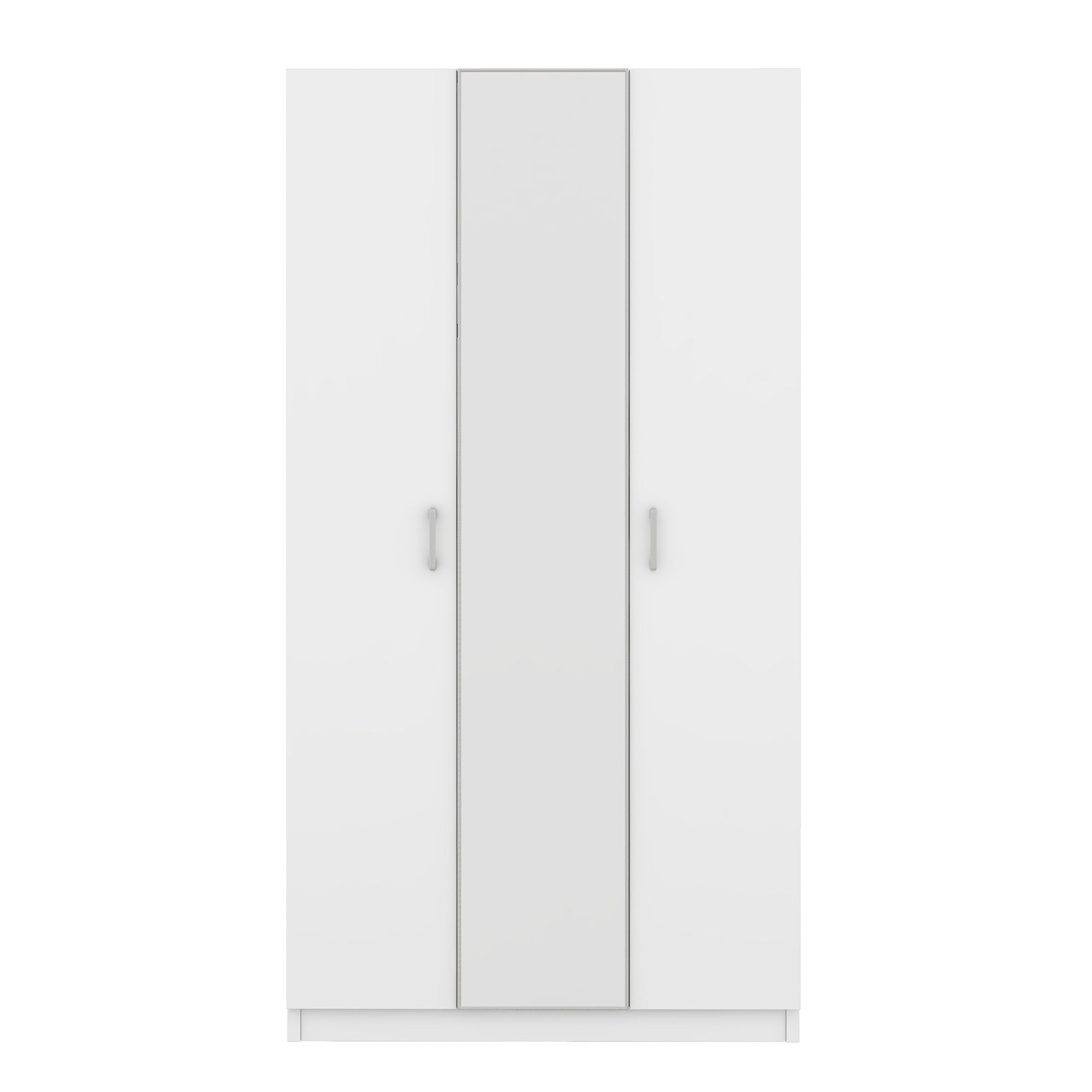 3 Door Wardrobe w/ Mirror, Hanging Rod, White