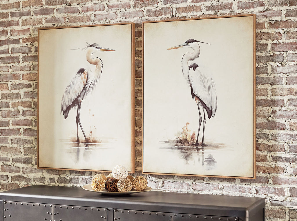 Beige framed bird wall art set of 2, side-by-side heron artwork