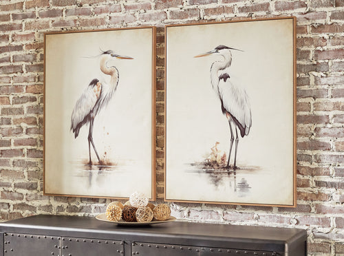 Beige framed bird wall art set of 2, side-by-side heron artwork