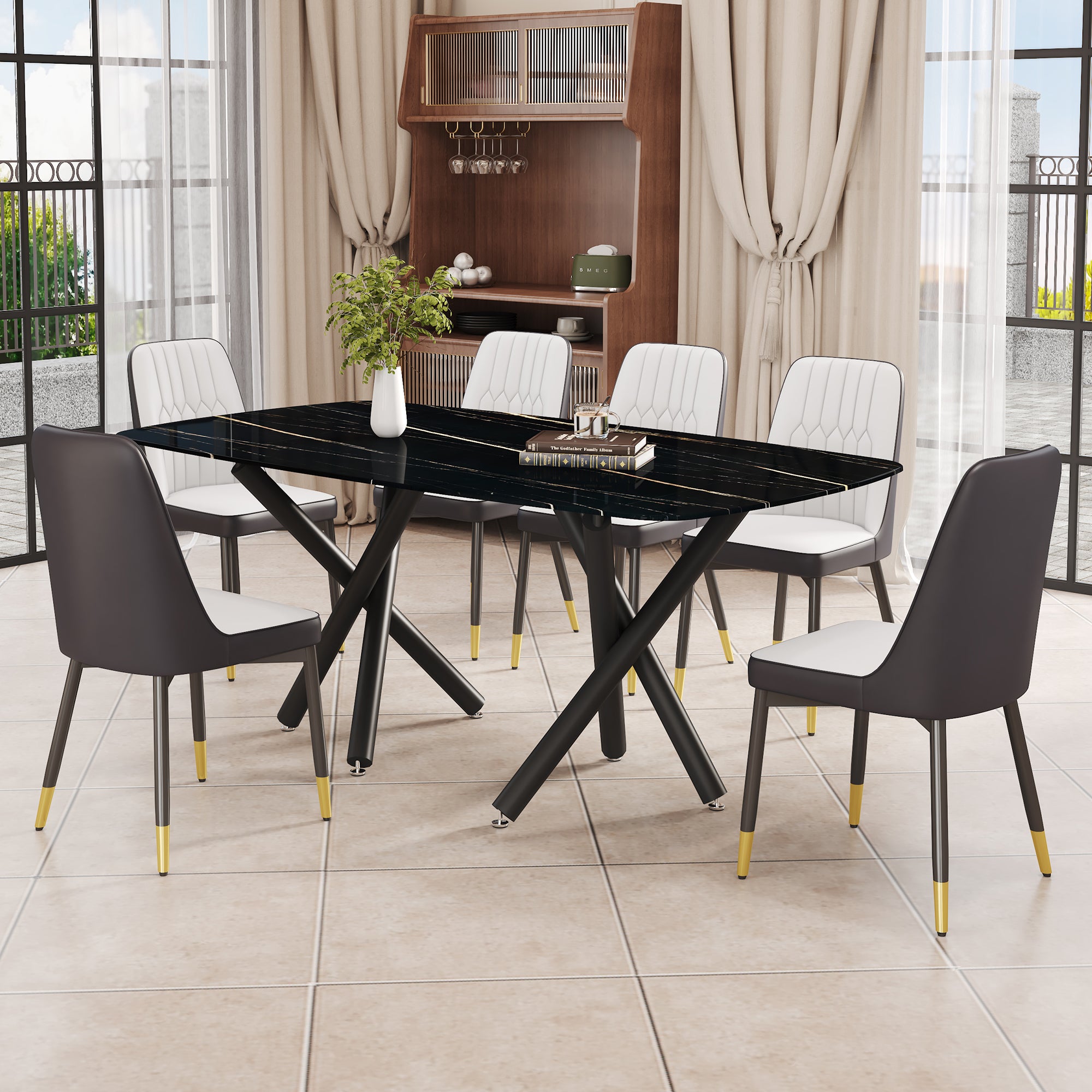 Black Marble Dining Table Set for 6